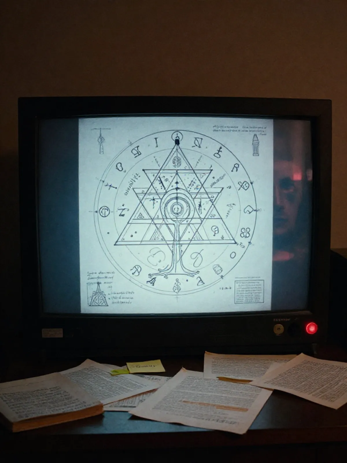 A glowing screen displaying an annotated esoteric diagram in a dark cluttered room