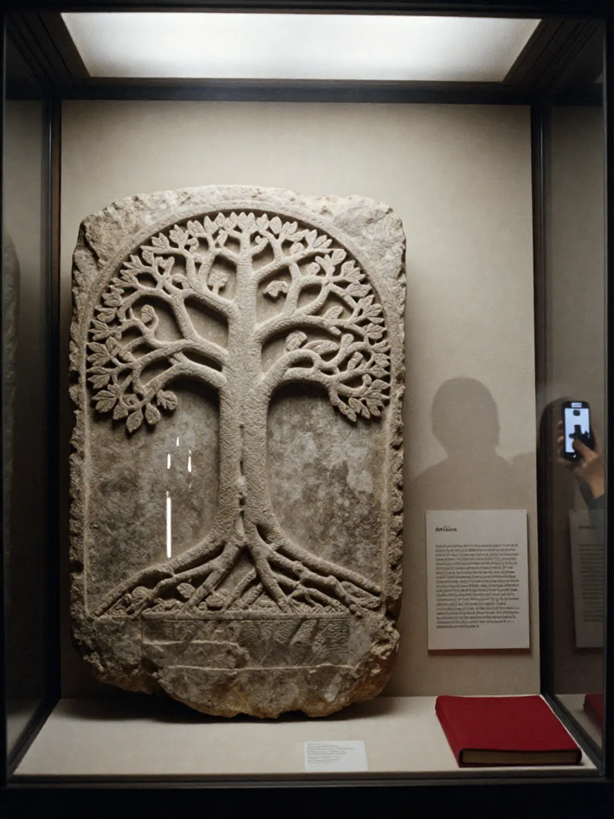 A Tree of Life stone carving in a museum case, a phone-wielding visitor reflected in the glass