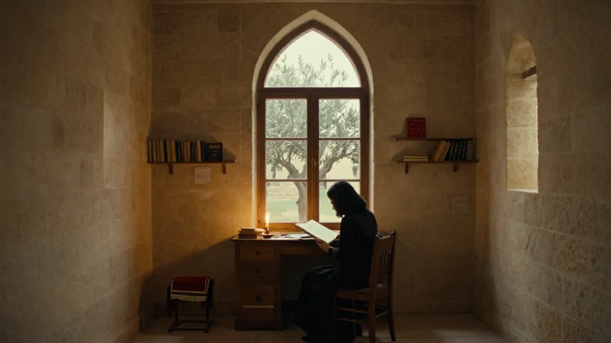 A woman reading a manuscript in a spare stone study room, olive tree visible through the window