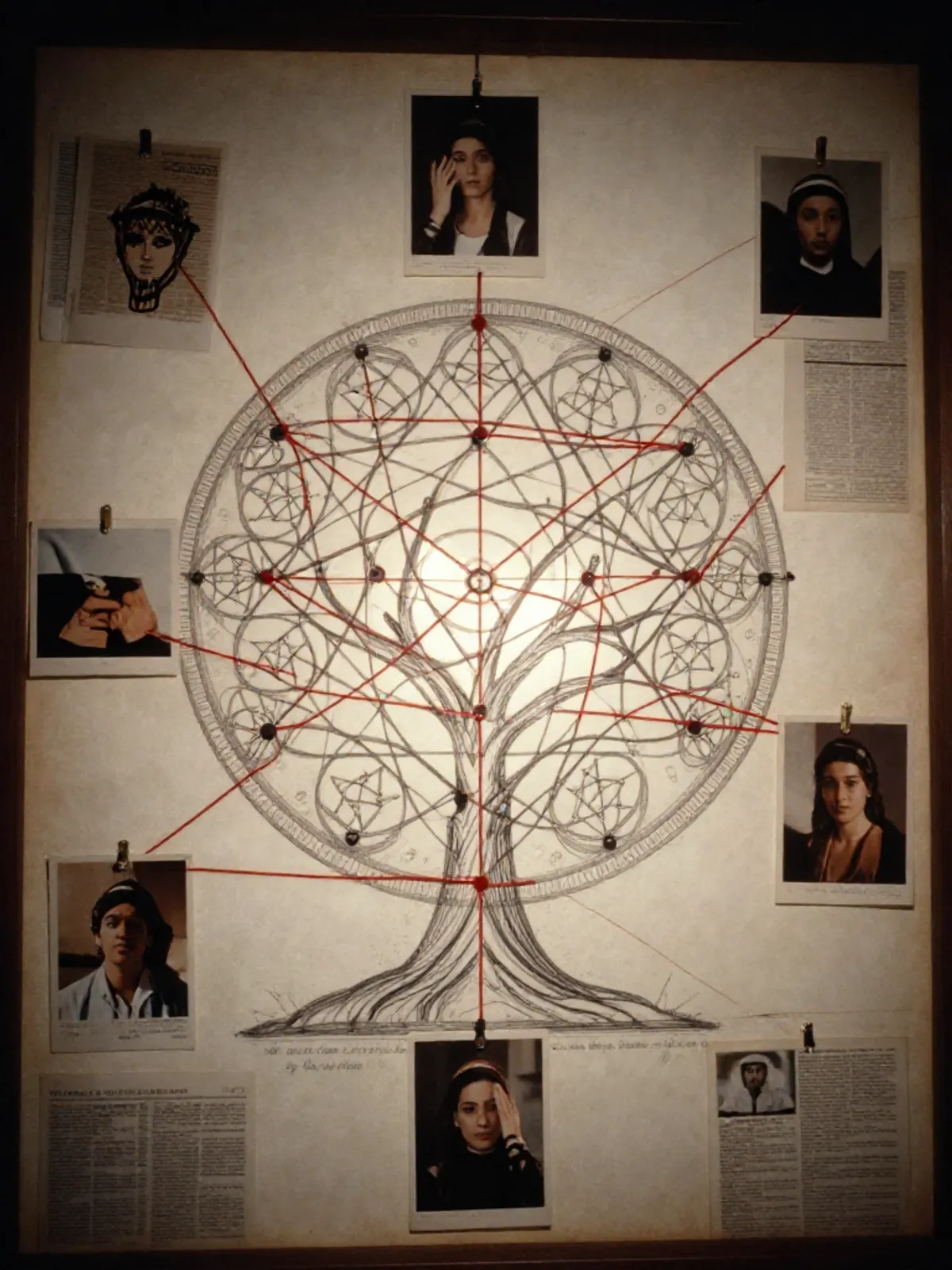 A luminous Tree of Life diagram overlaid with red connecting lines and pinned photographs - sacred geometry dissolving into a conspiracy board