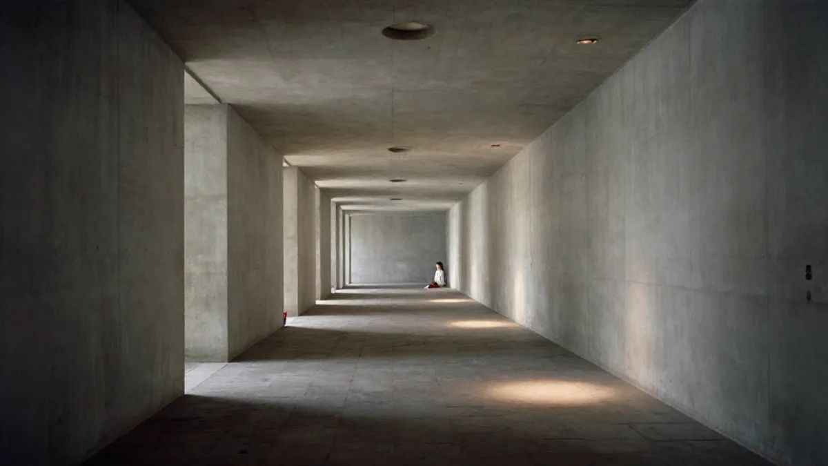 A long monastery corridor with pools of light, a distant seated figure
