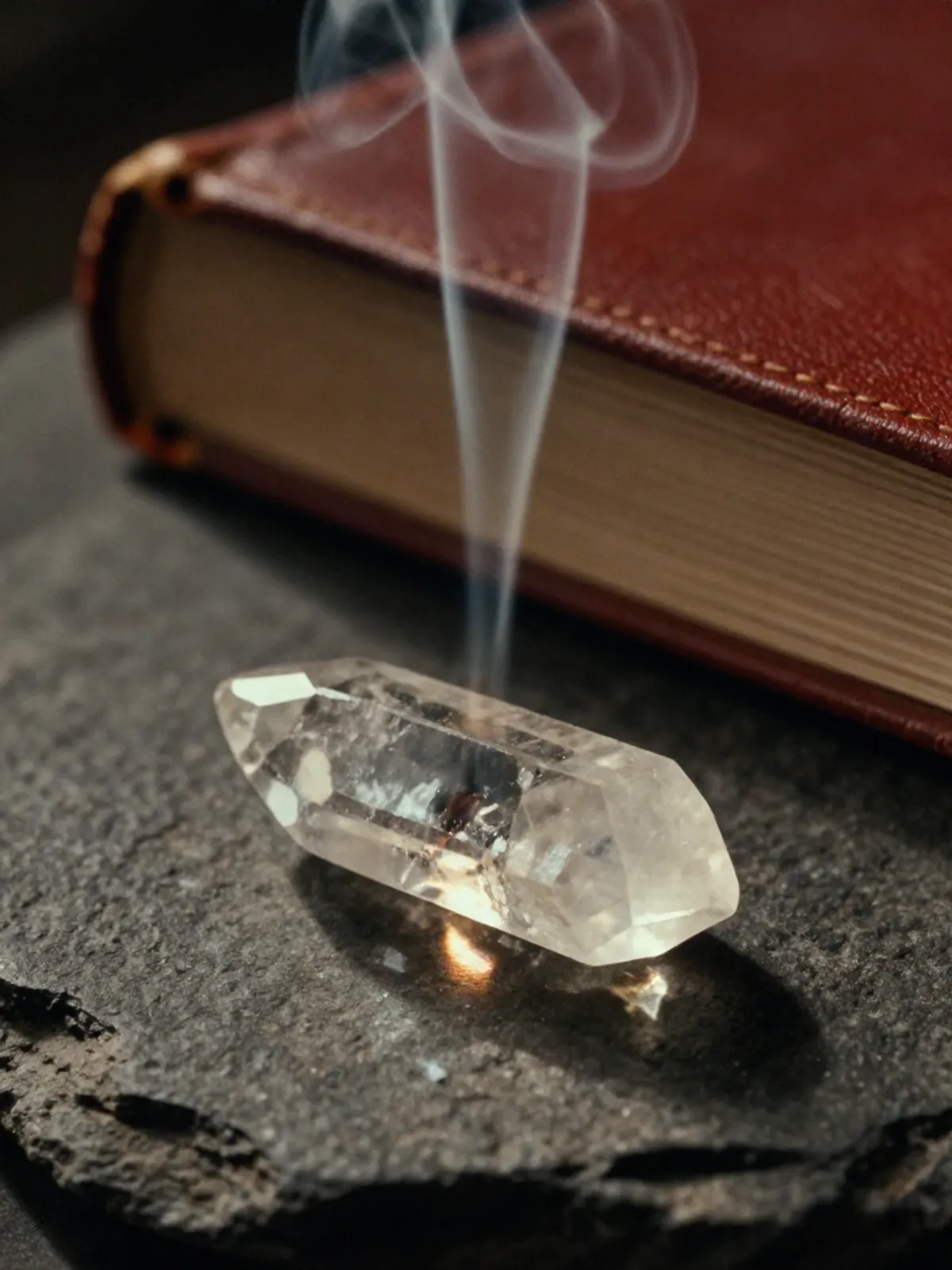 A crystal on dark stone refracting light, incense smoke, a leather-bound book