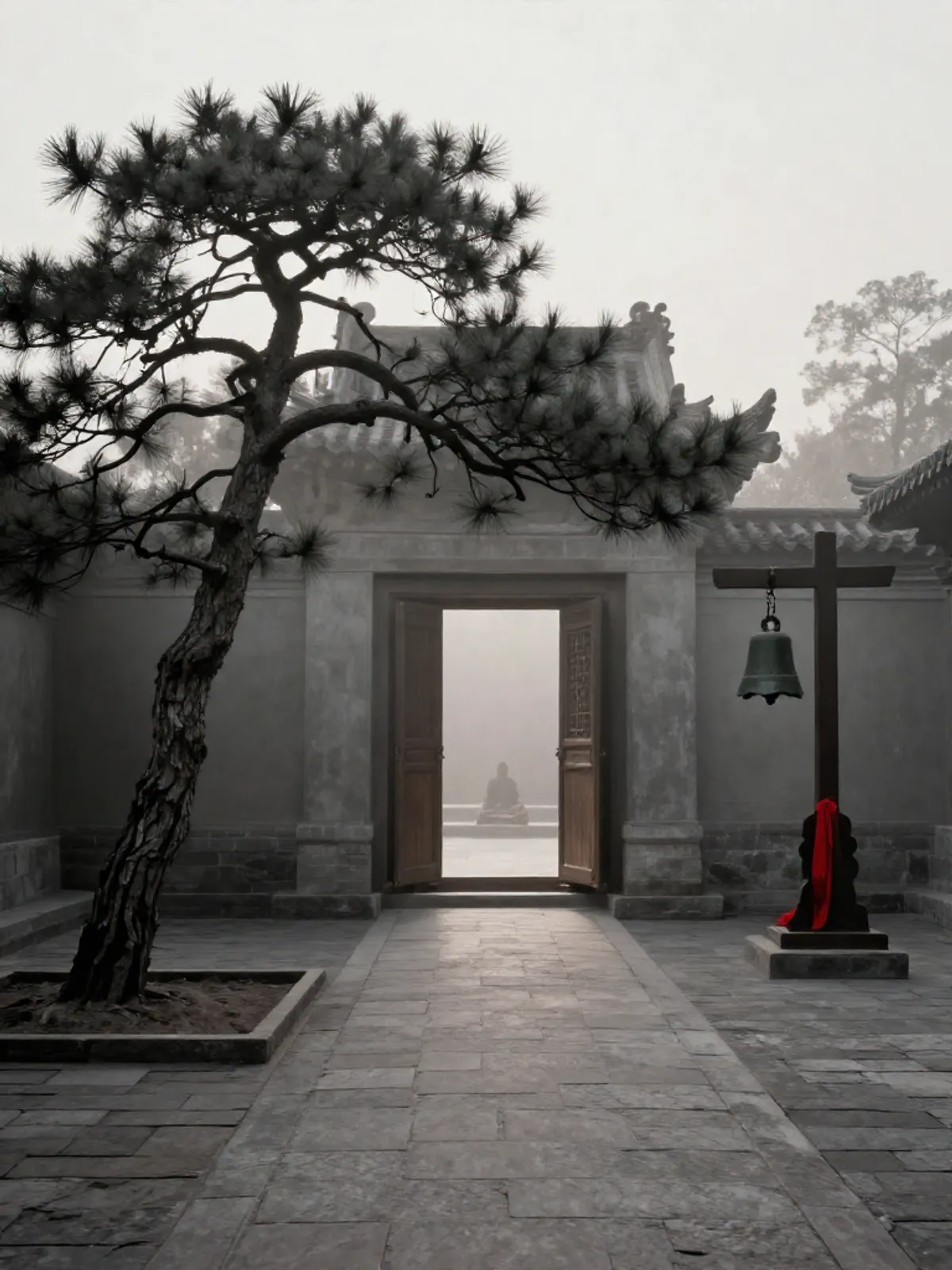 A Daoist temple courtyard at dawn, mist on flagstones, an open door to a seated figure