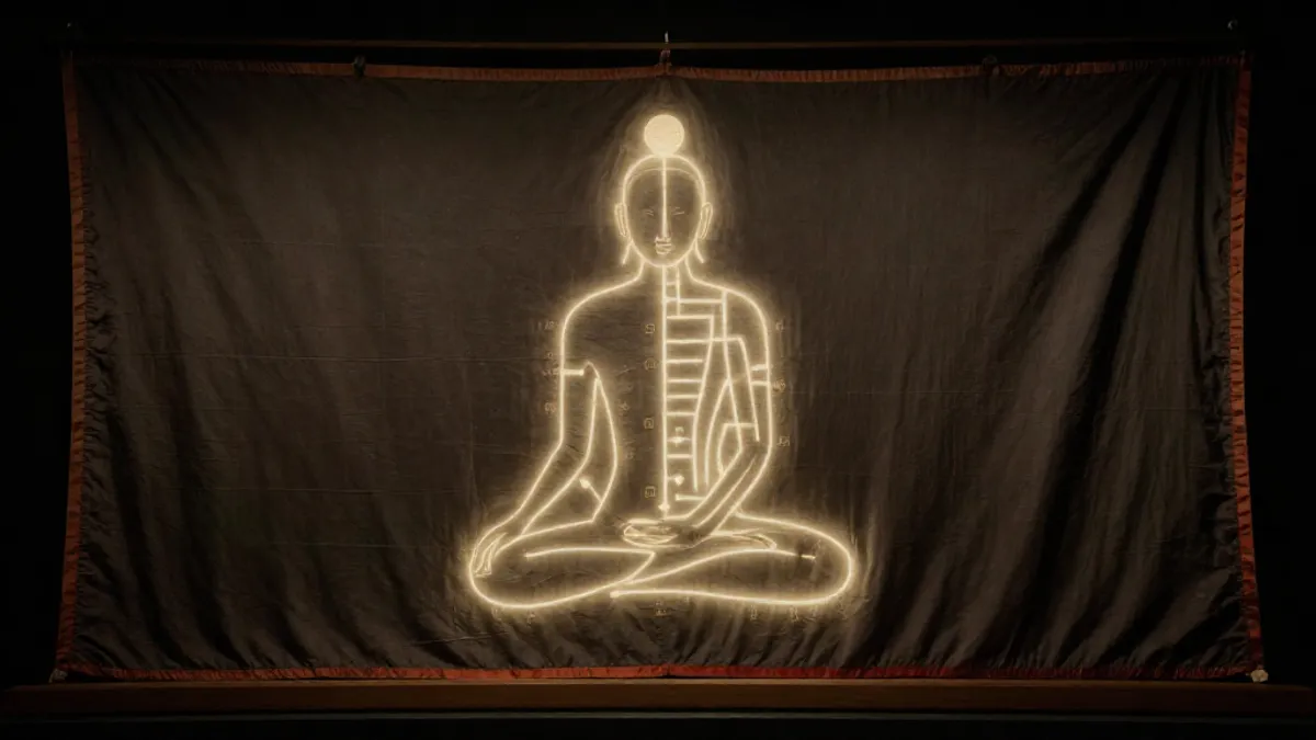A luminous microcosmic orbit diagram on dark silk, golden energy circuit through a seated figure