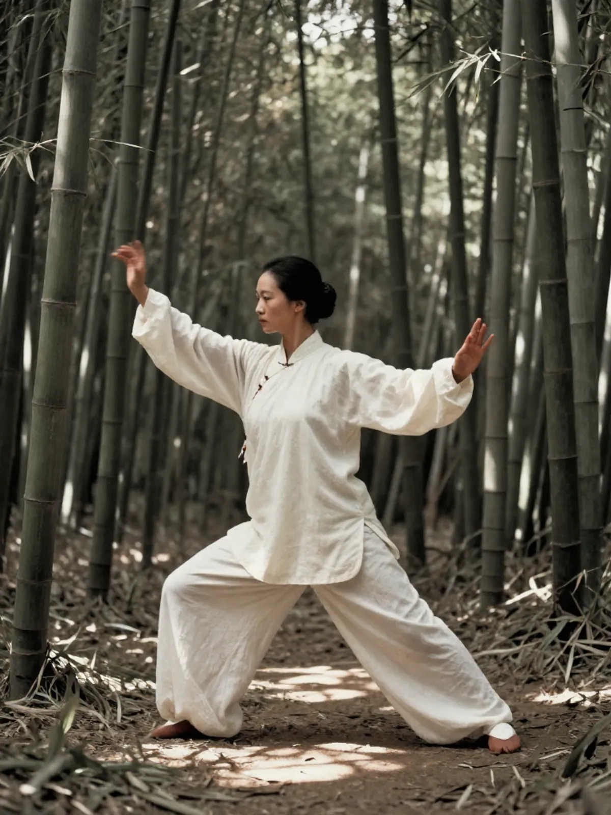 A woman practicing tai chi among bamboo, dappled light, motion blur on flowing hands