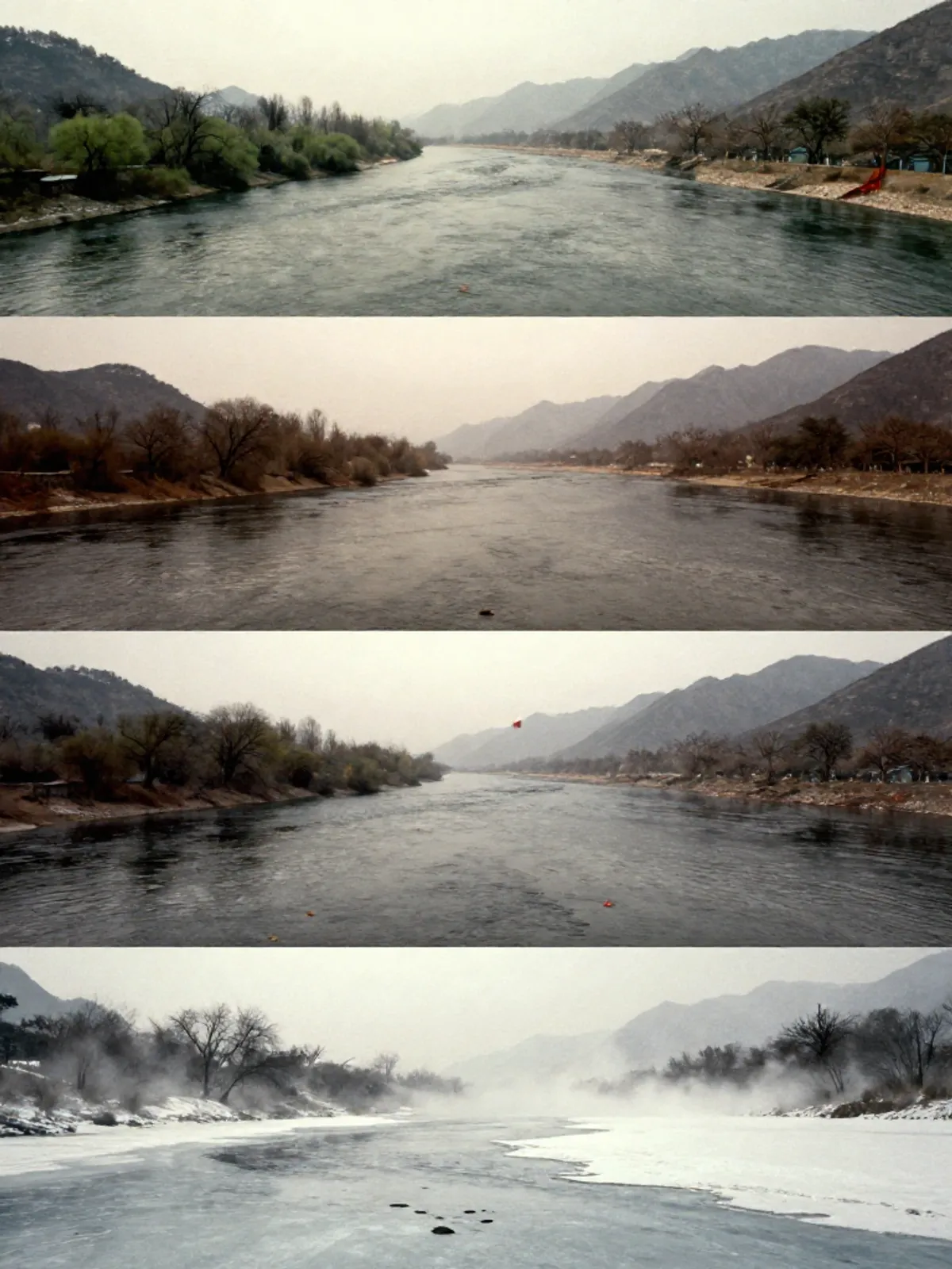 A river in four seasons side by side, the same landscape transformed by time