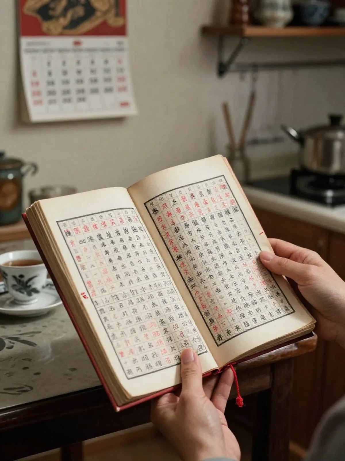 A hand holding a traditional Chinese almanac, kitchen table and morning tea behind