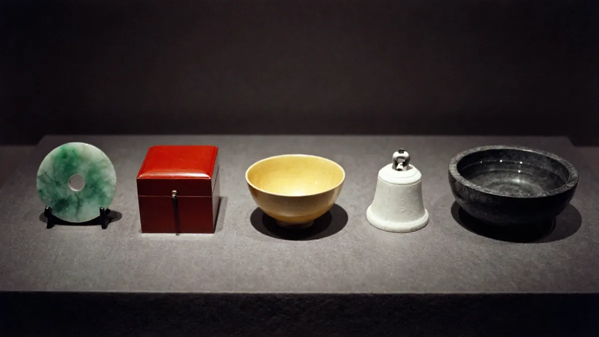 Five ritual objects in a row representing the Five Phases, each catching light differently