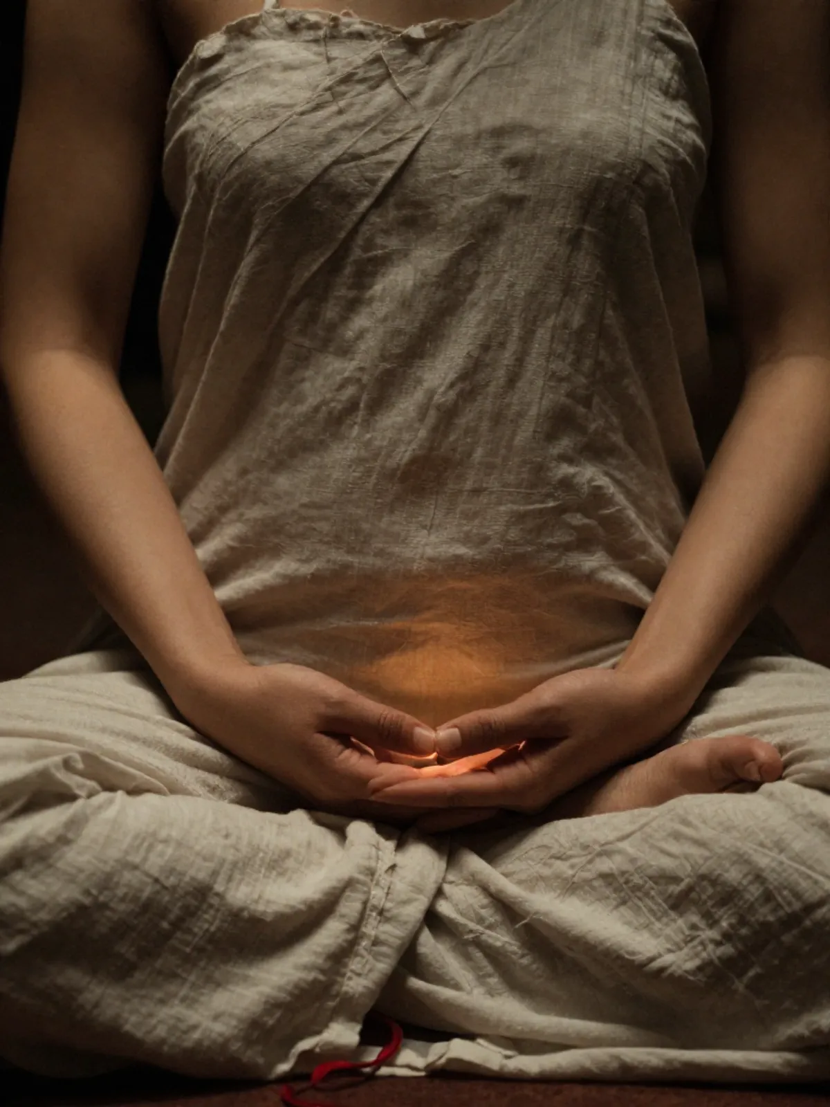A woman's hands resting below the navel in meditation, warm light on undyed linen
