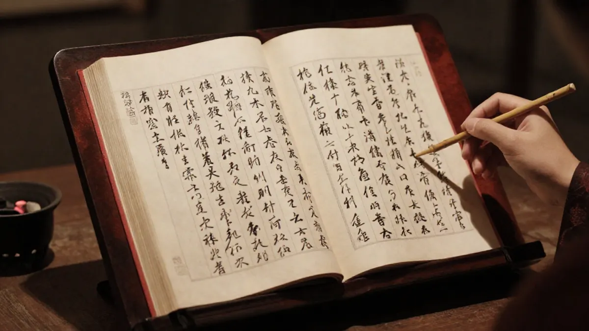 An open anthology of classical Chinese texts on a reading stand, a woman's hand pointing to a passage