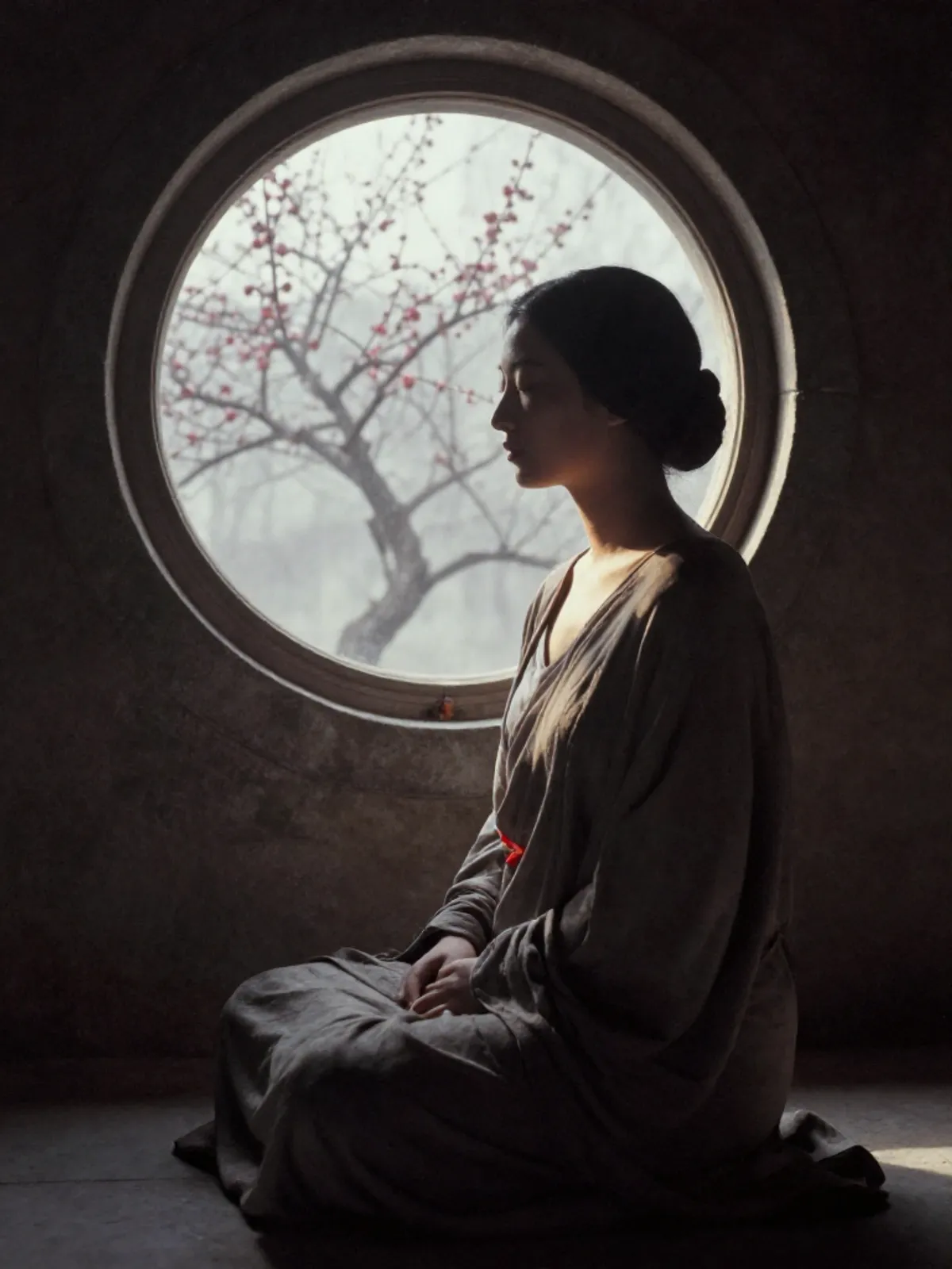 A woman seated in profile before a circular window, plum tree visible beyond