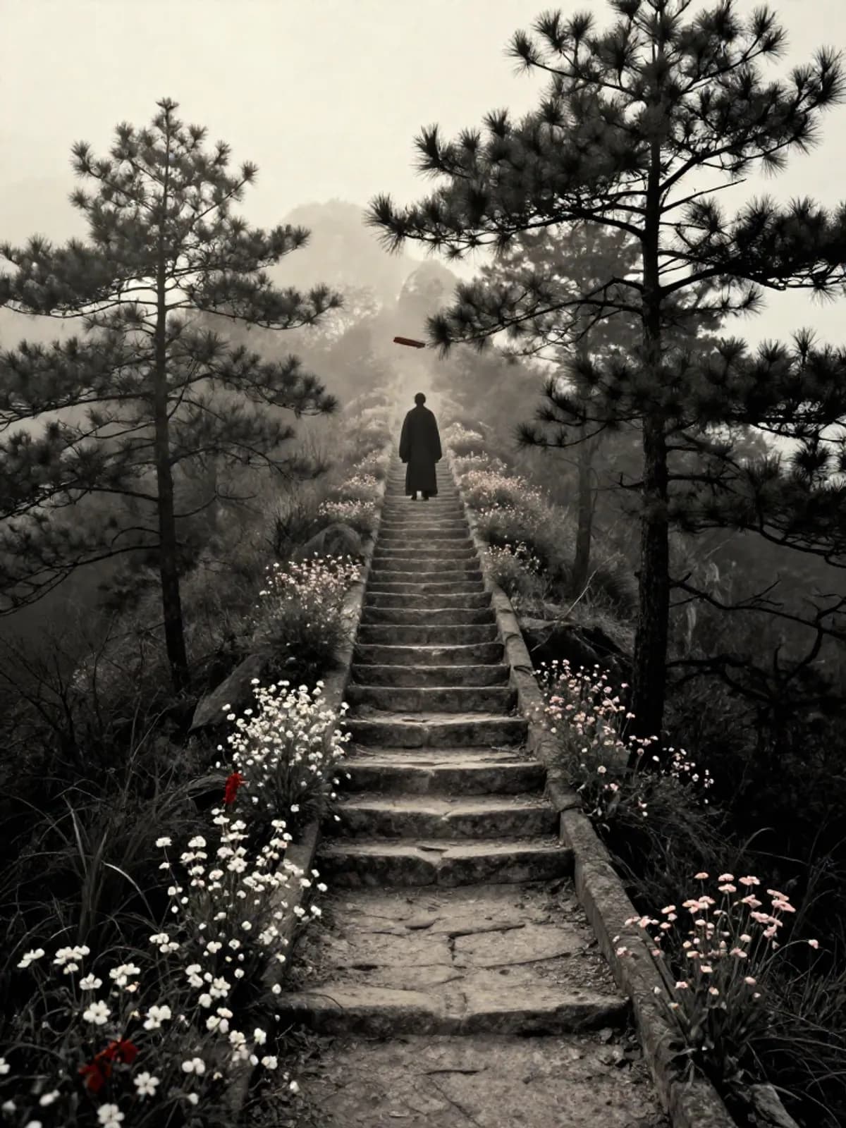 A mountain path at dawn, a solitary figure in dark robes ascending into mist
