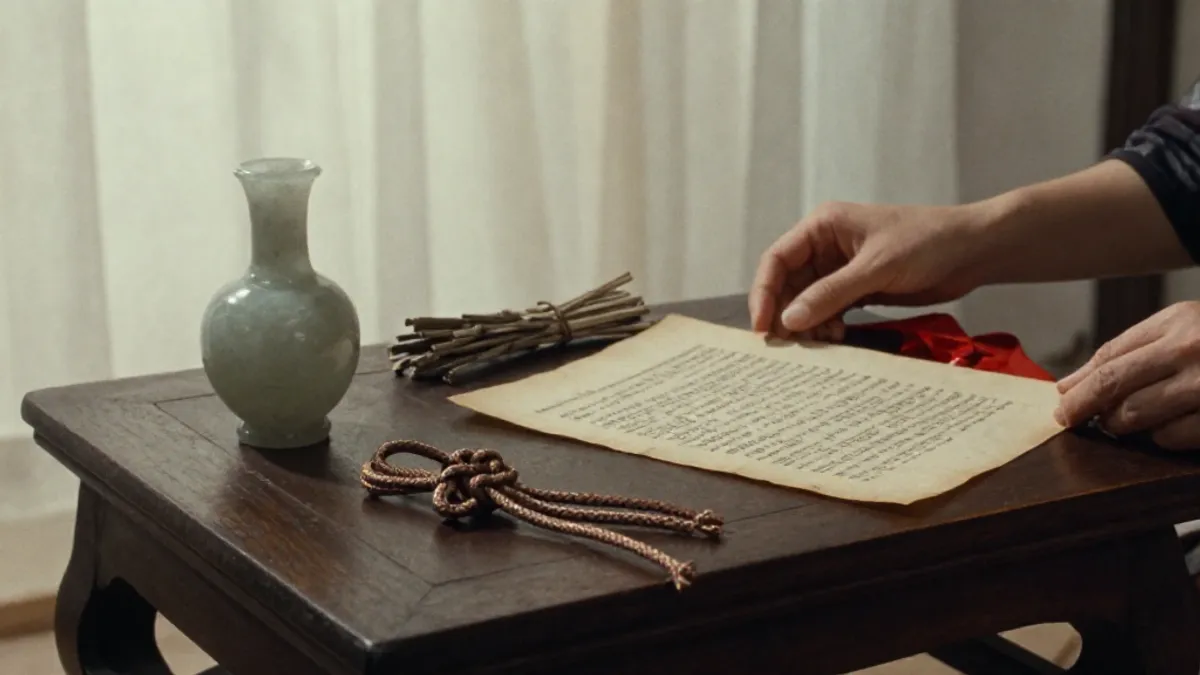 Ritual objects of women's alchemy on a low table, a woman's hands at the frame's edges
