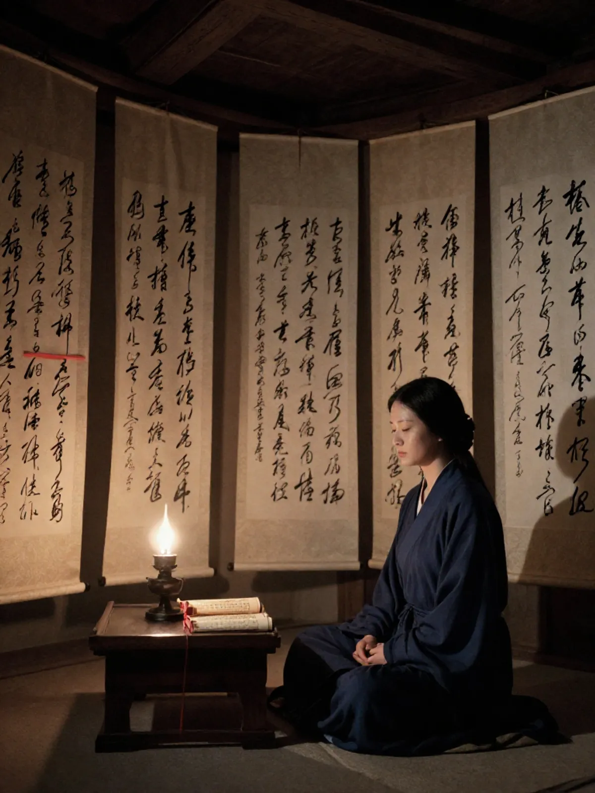 A woman in dark robes sits in meditation before a scroll-covered wall, lamplight casting warm shadows